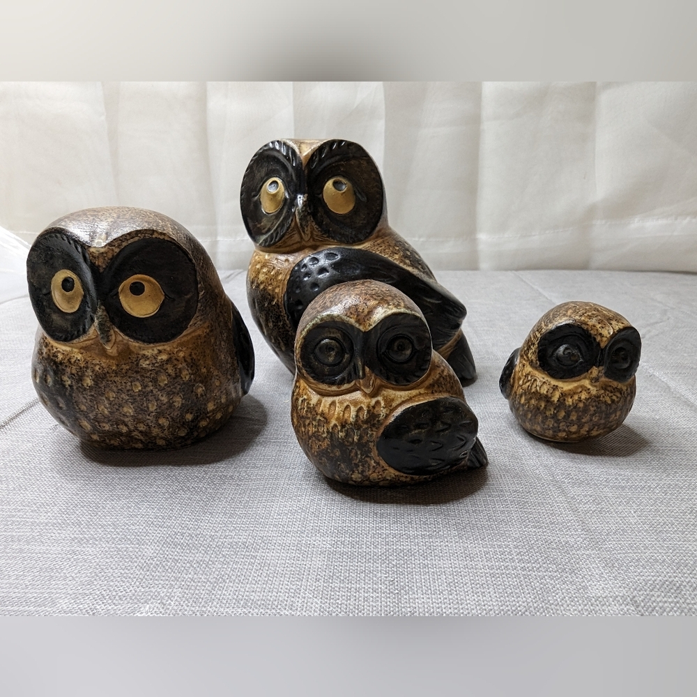 Vintage Retro Brown Gold Ceramic Owls Lot Of 4 1960 Texture Figurine Japan OMC